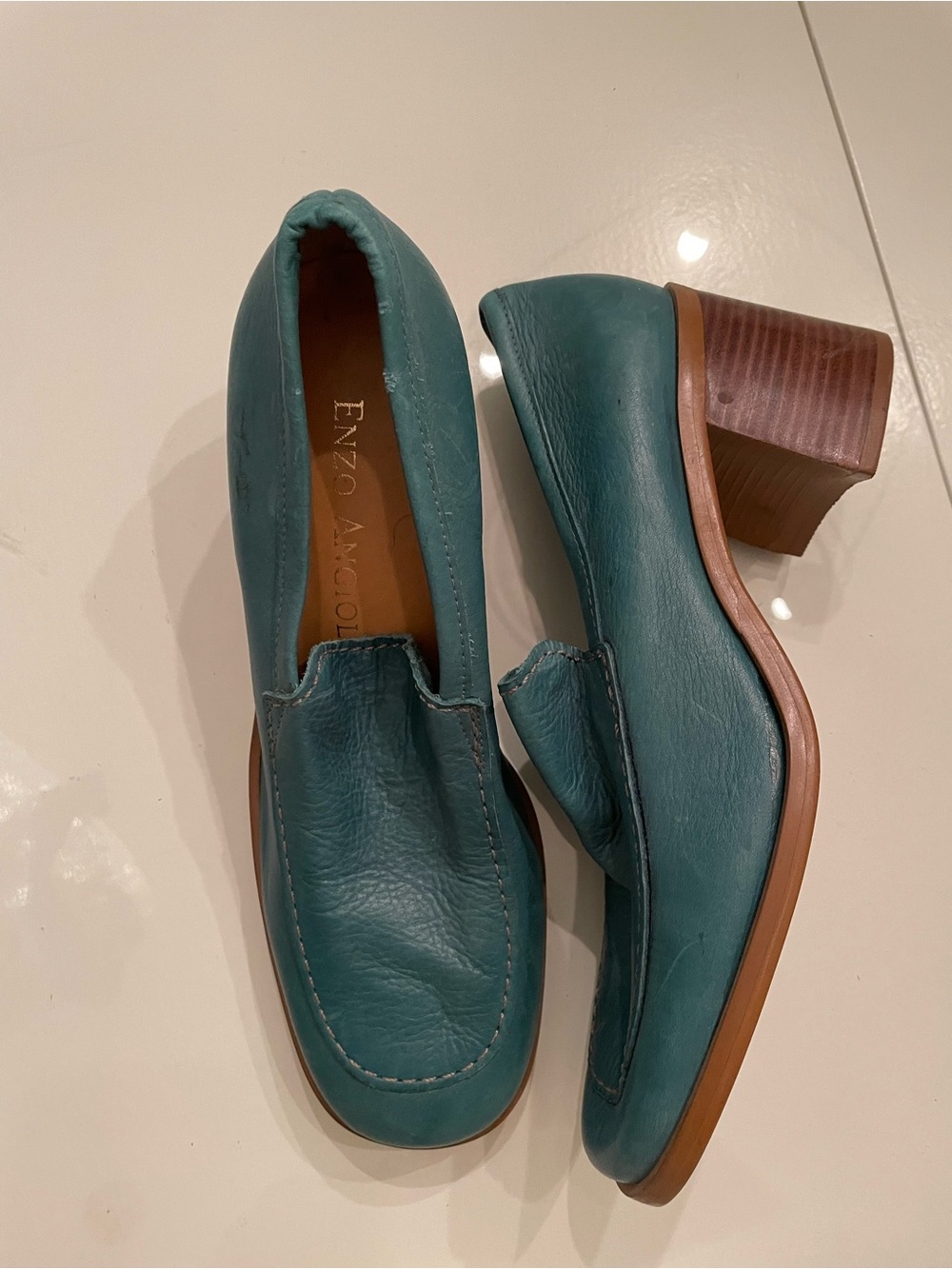 Enzo Angiolini Teal Leather Block Heel Slip-On Loafers
